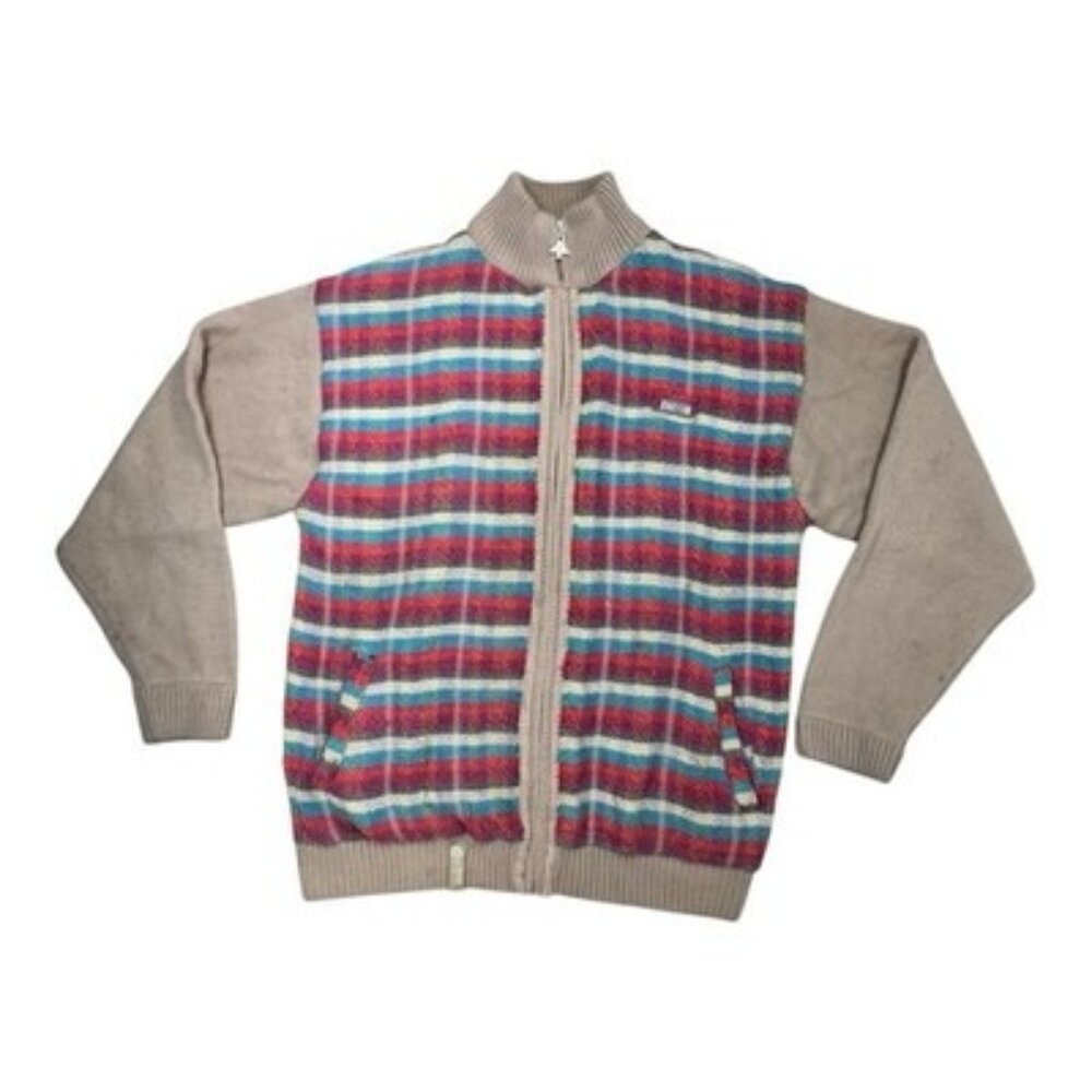 LRG Knit Sweater Jacket L Beige Multi Stripe Front Zip-Up Pockets Lined Rare